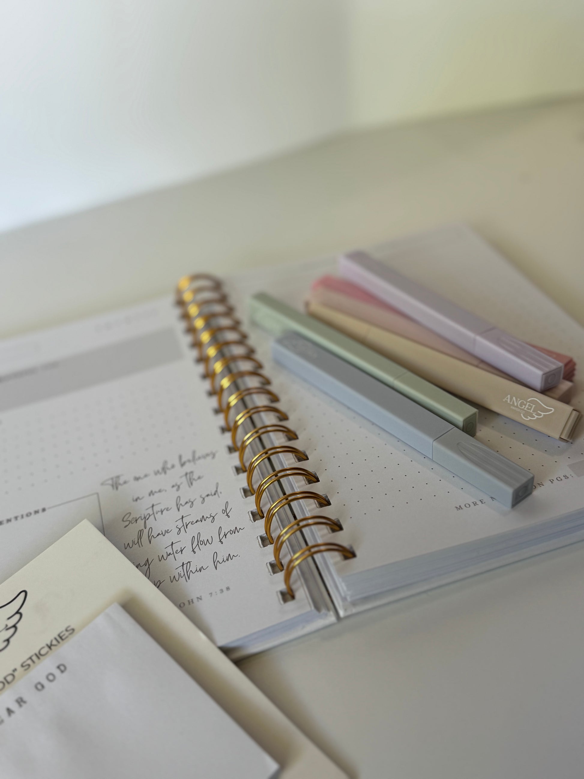 Bible study journal with Bible safe highlighters on neutral background – Angel Paper Co.