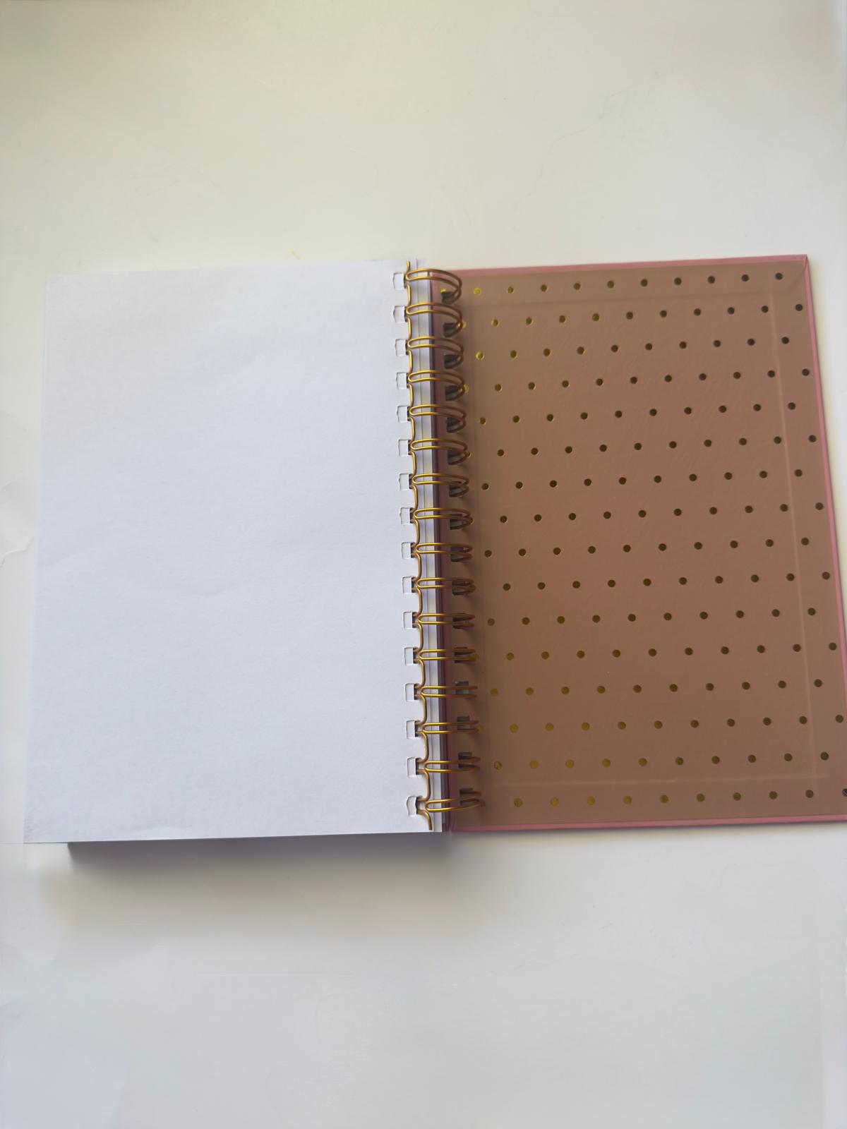 APCo. Pink Bible Study Journal open to back cover with Gold foil polka dots