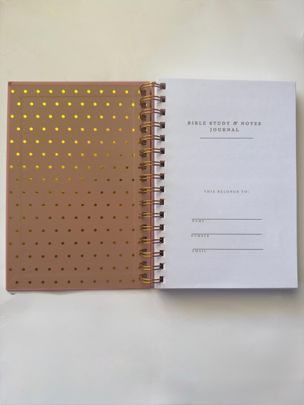 APCo. Pink Bible Study Journal open to front cover with Gold foil polka dots